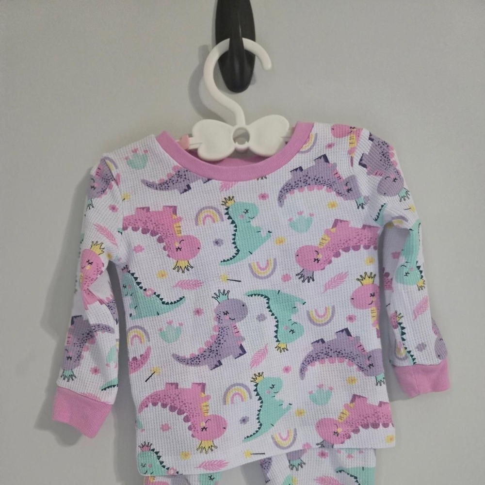 Kidgets Baby Girls Dinosaur Waffle Knit Thermal Pajama Set Pink White 12M